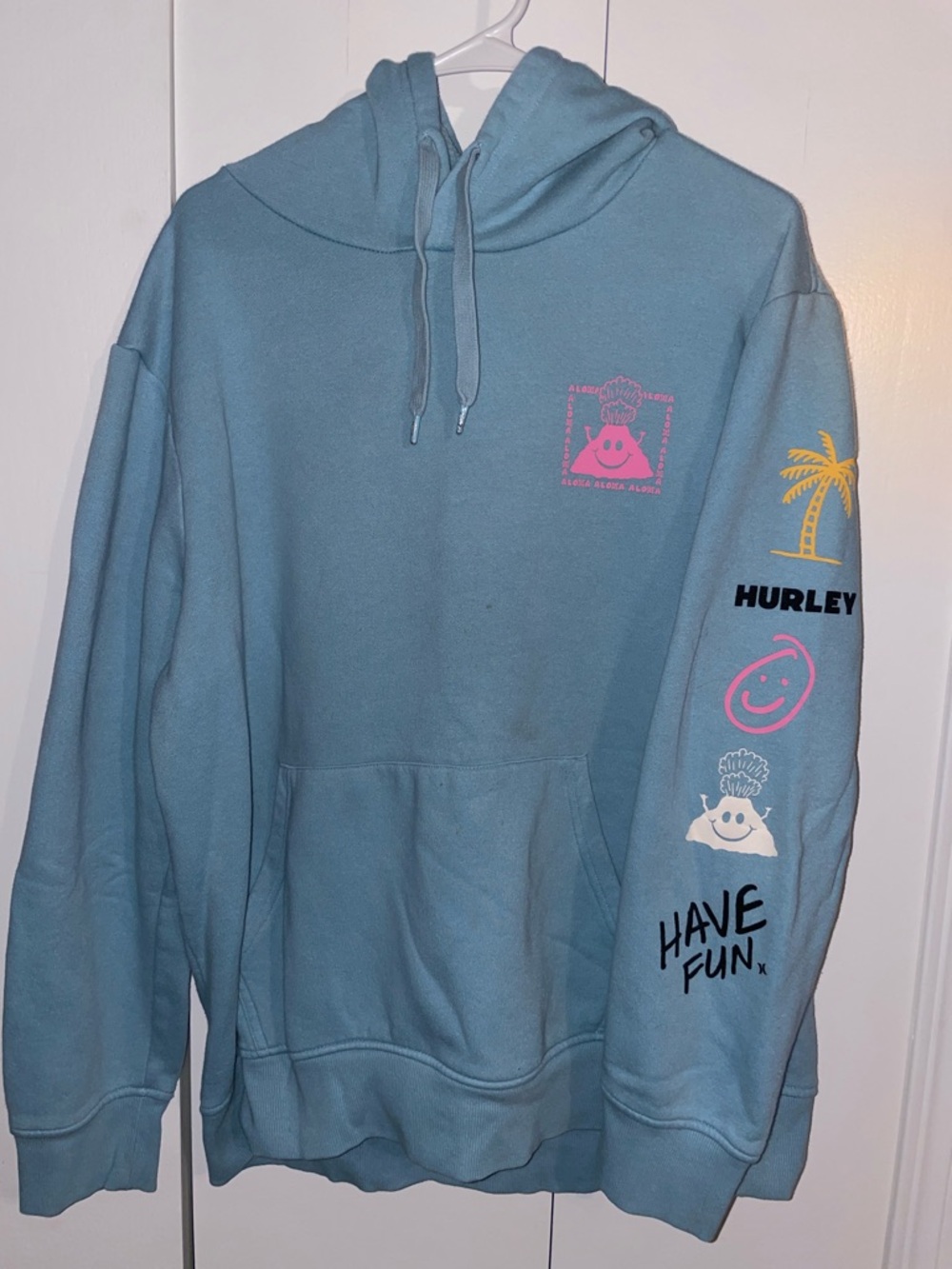 Hurley Light Blue Hoodie with Pink & Yellow Graphics